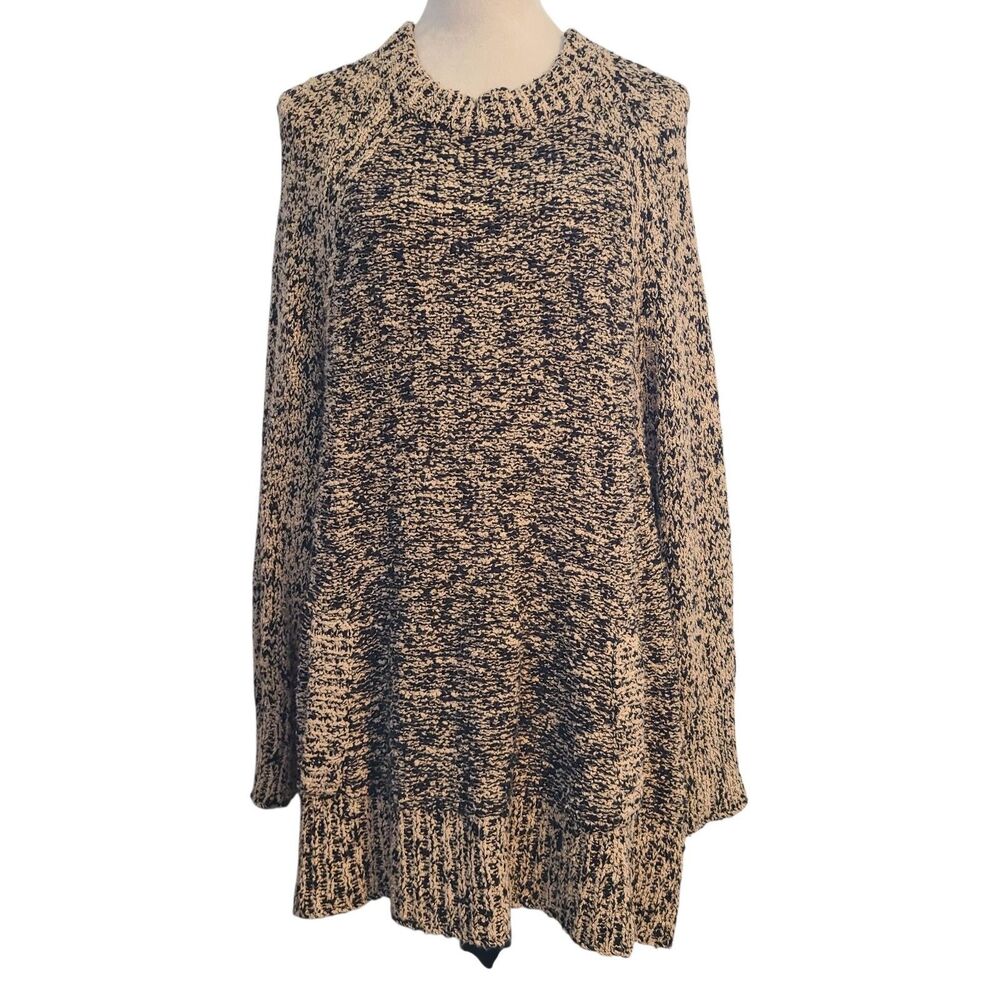 Free People Fisherman Knit Chunky Sweater M Beige Black Marled Pockets Granola